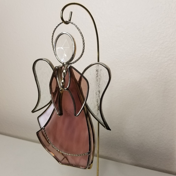 Stained Glass Angel Suncatcher Signed Pink White Christmas‎ Angel 9"Hx6"W - Picture 6 of 11